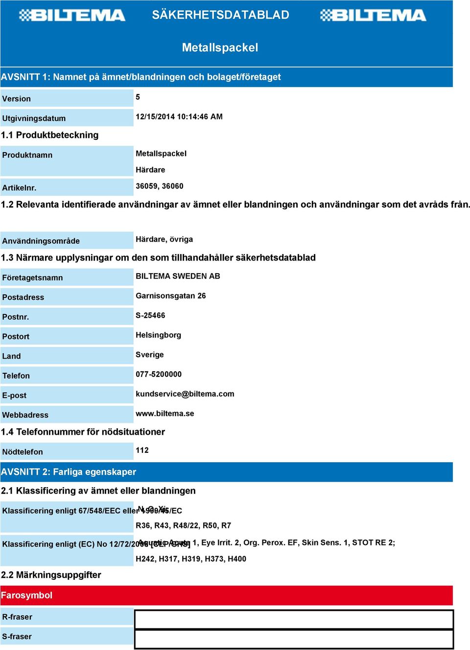 Användningsområde Härdare, övriga 1.3 Närmare upplysningar om den som tillhandahåller säkerhetsdatablad Företagetsnamn BILTEMA SWEDEN AB Postadress Garnisonsgatan 26 Postnr.