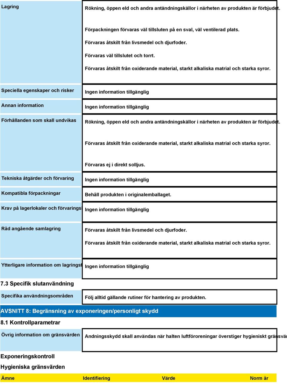 Speciella egenskaper och risker Annan information Förhållanden som skall undvikas Rökning, öppen eld och andra antändningskällor i närheten av produkten är förbjudet.
