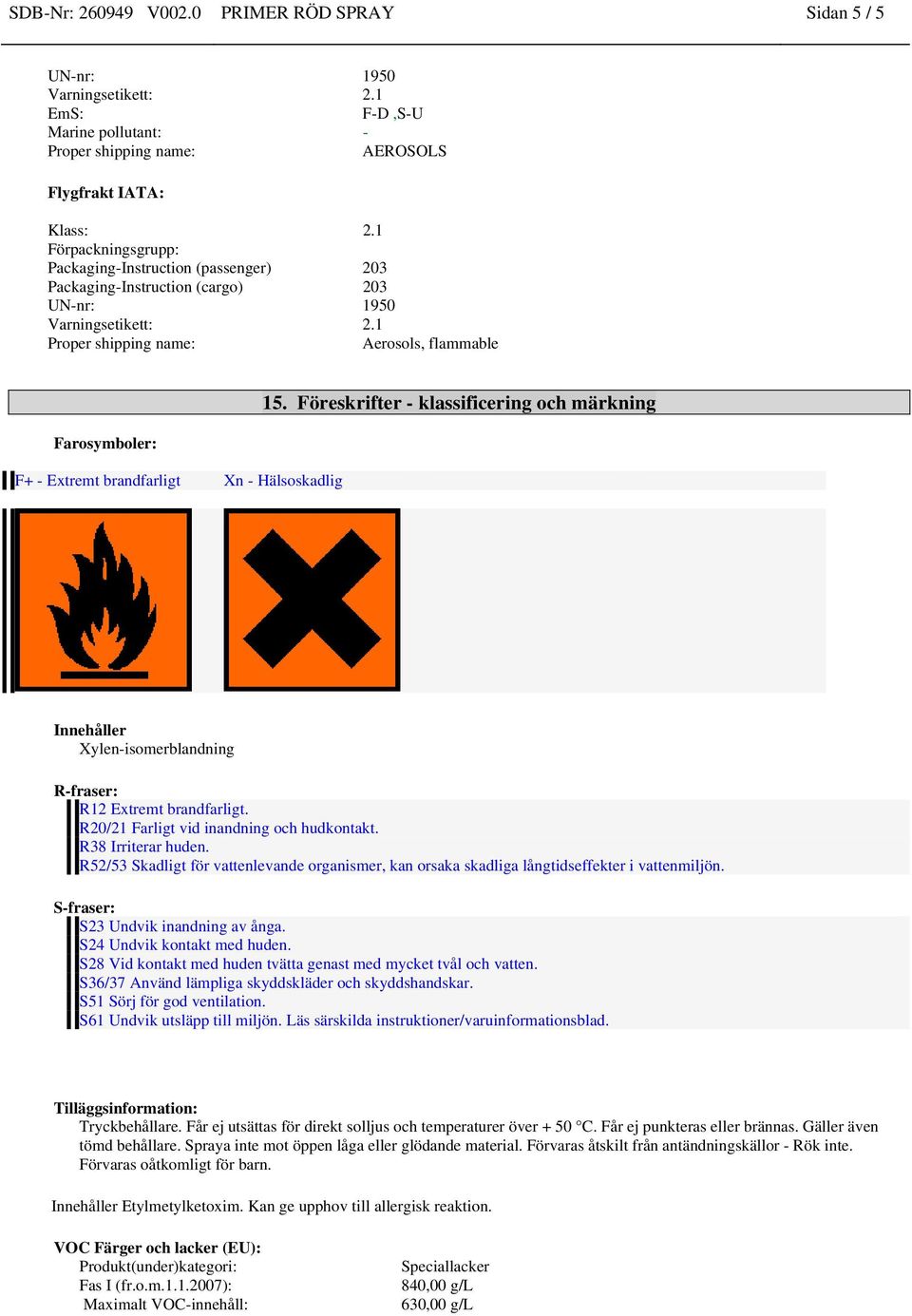 Föreskrifter - klassificering och märkning Innehåller Xylen-isomerblandning R-fraser: R12 Extremt brandfarligt. R20/21 Farligt vid inandning och hudkontakt. R38 Irriterar huden.