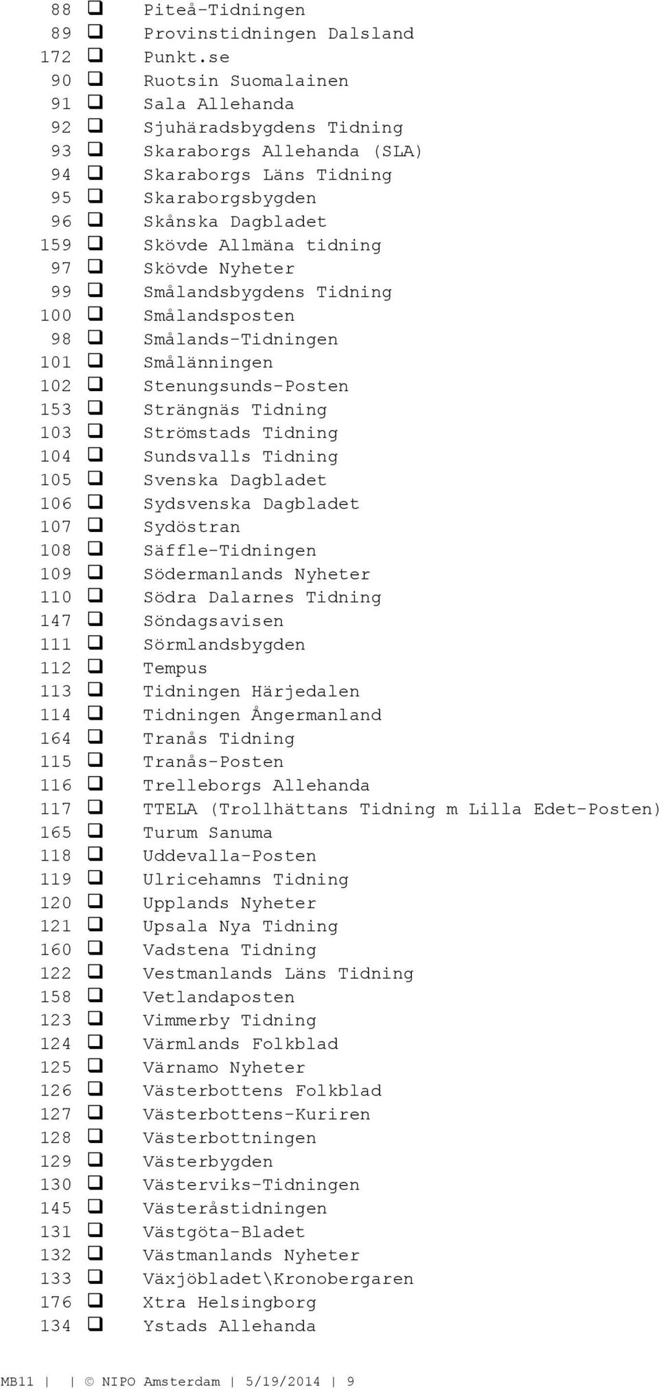 Skövde Nyheter 99 Smålandsbygdens Tidning 100 Smålandsposten 98 Smålands-Tidningen 101 Smålänningen 102 Stenungsunds-Posten 153 Strängnäs Tidning 103 Strömstads Tidning 104 Sundsvalls Tidning 105