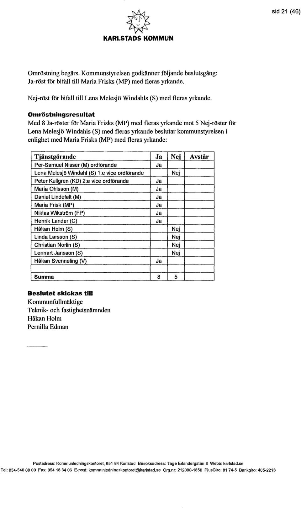 Omröstningsresultat Med 8 -röster för Maria Frisks (MP) med fleras yrkande mot 5 Nej-röster lör Lena Melesjö Windahls (S) med fleras yrkande beslutar kommunstyrelsen i enlighet med Maria Frisks (MP)