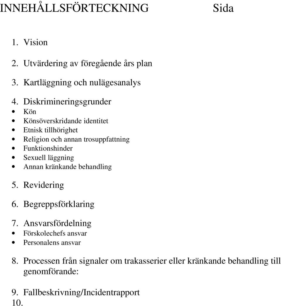 Sexuell läggning Annan kränkande behandling 5. Revidering 6. Begreppsförklaring 7.