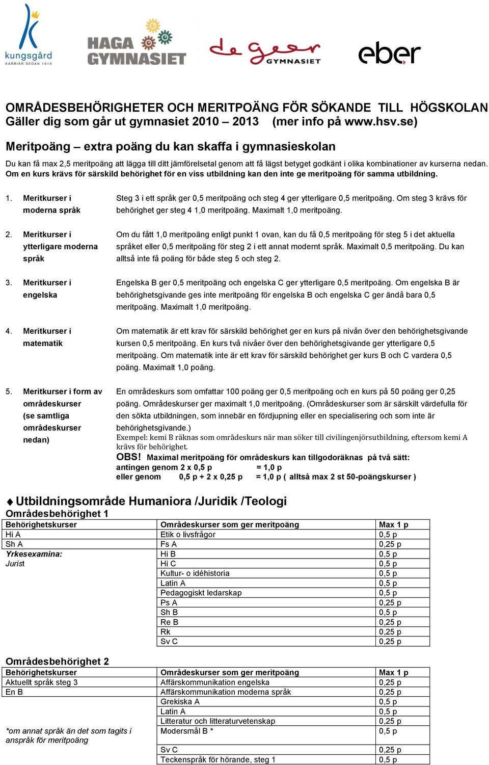 Om en kurs krävs för särskild behörighet för en viss utbildning kan den inte ge meritpoäng för samma utbildning. 1.