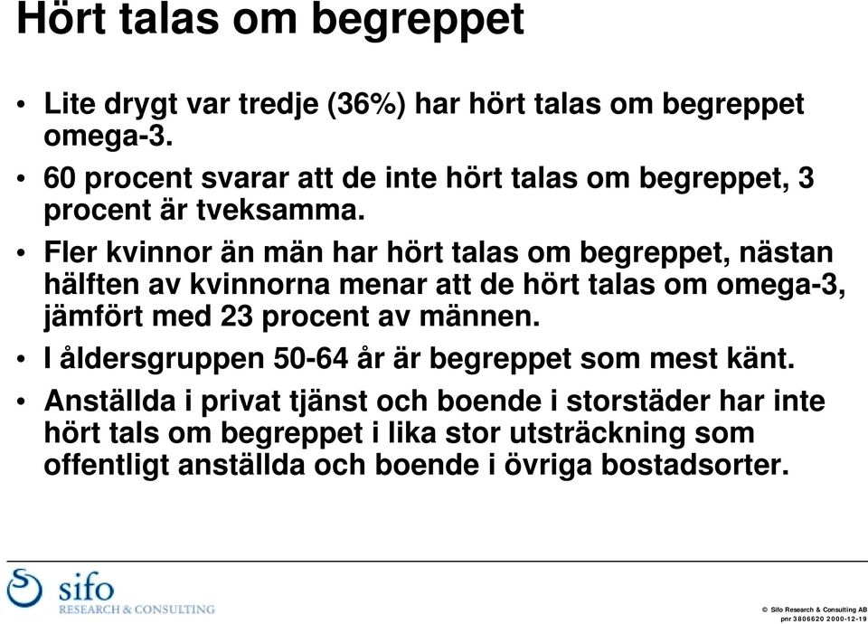 Fler kvinnor än män har hört talas om begreppet, nästan hälften av kvinnorna menar att de hört talas om omega-3, jämfört med 23