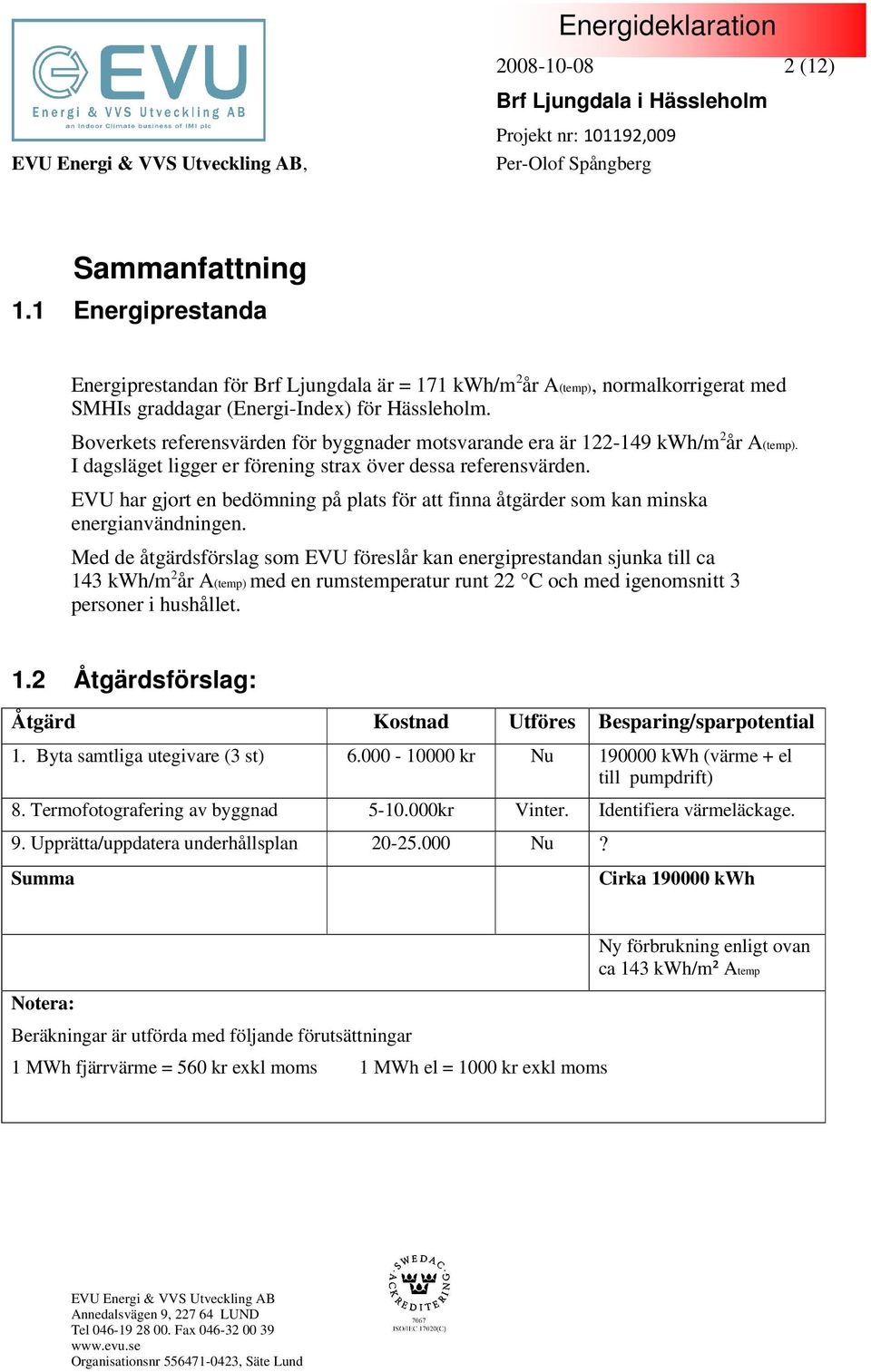 EVU har gjort en bedömning på plats för att finna åtgärder som kan minska energianvändningen.