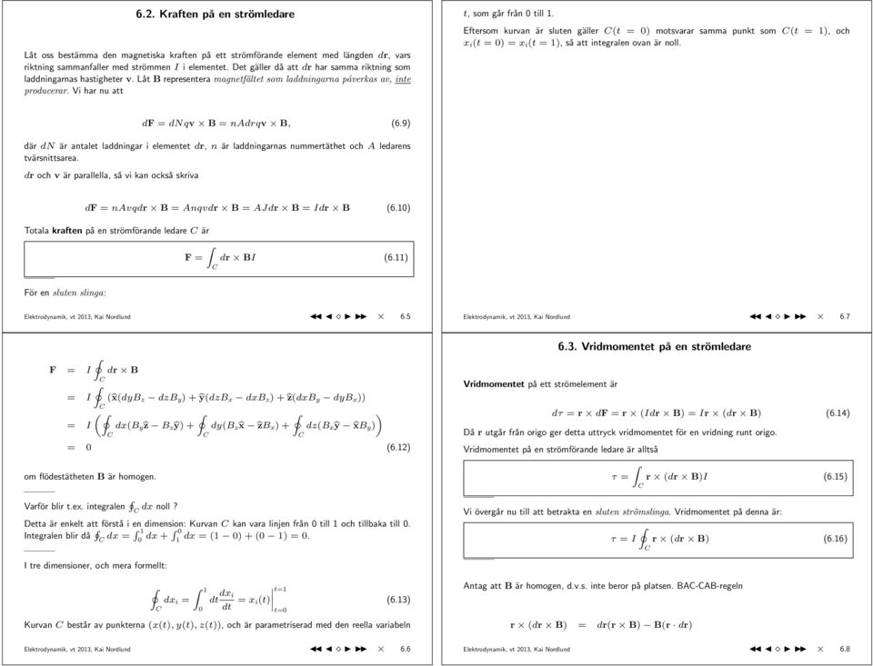 Eftersom kurvan är sluten gäller (t = ) motsvarar samma punkt som (t = ), och x i (t = ) = x i (t = ), så att integralen ovan är noll. df = dnqv B = ndrqv B, (6.