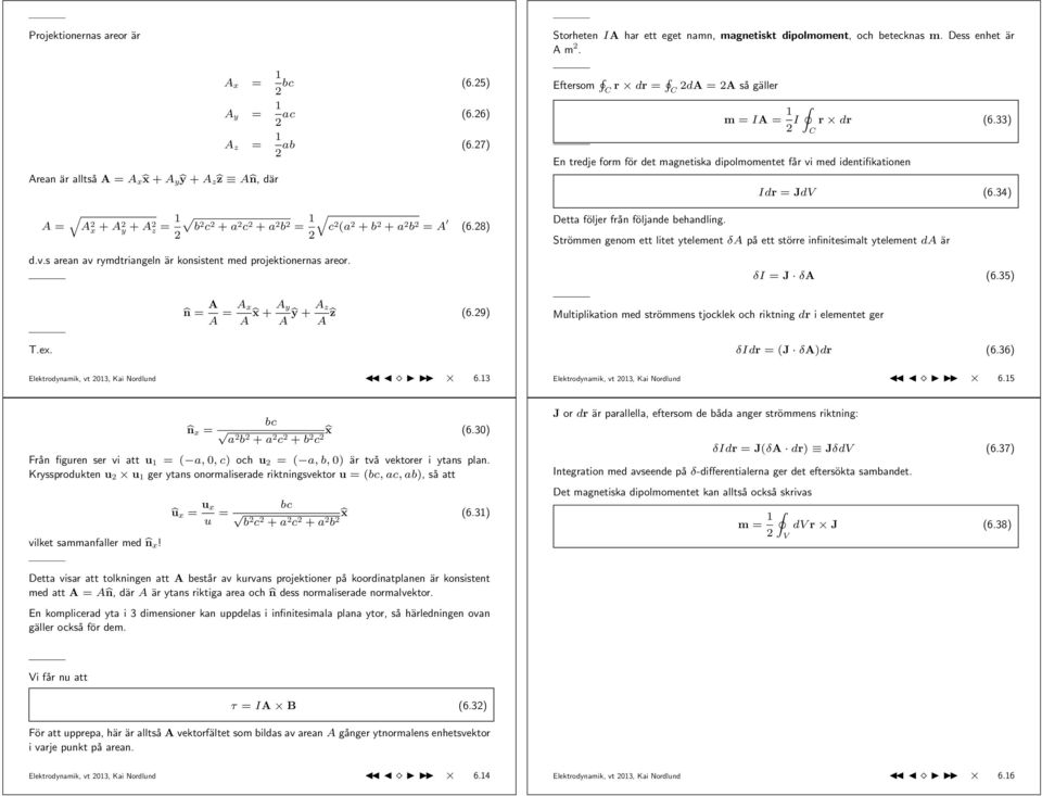 Eftersom r dr = d = så gäller m = I = I En tredje form för det magnetiska dipolmomentet får vi med identifikationen Detta följer från följande behandling. r dr (6.33) Idr = Jd (6.