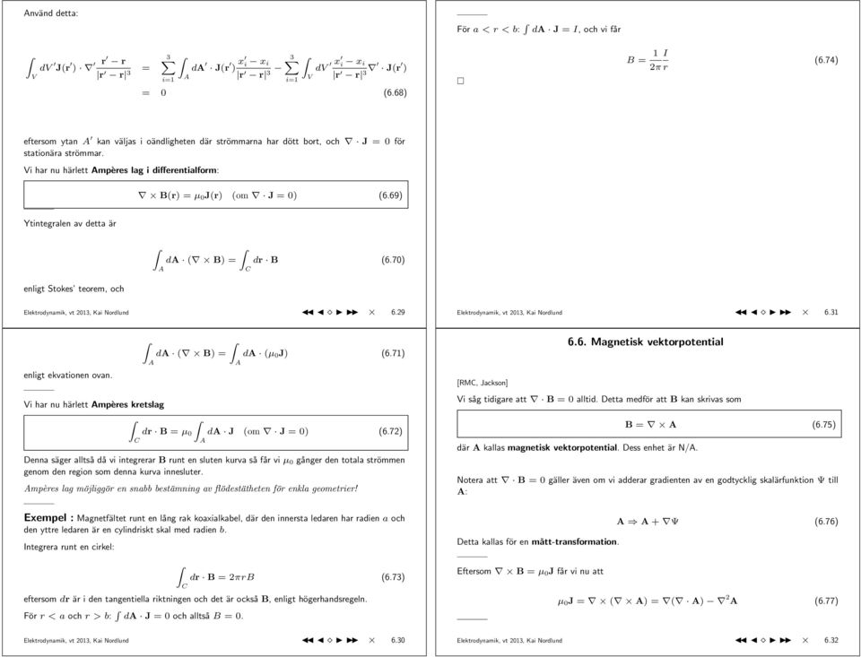 69) Ytintegralen av detta är d ( B) = dr B (6.7) enligt Stokes teorem, och Elektrodynamik, vt 3, Kai Nordlund 6.9 Elektrodynamik, vt 3, Kai Nordlund 6.3 enligt ekvationen ovan.