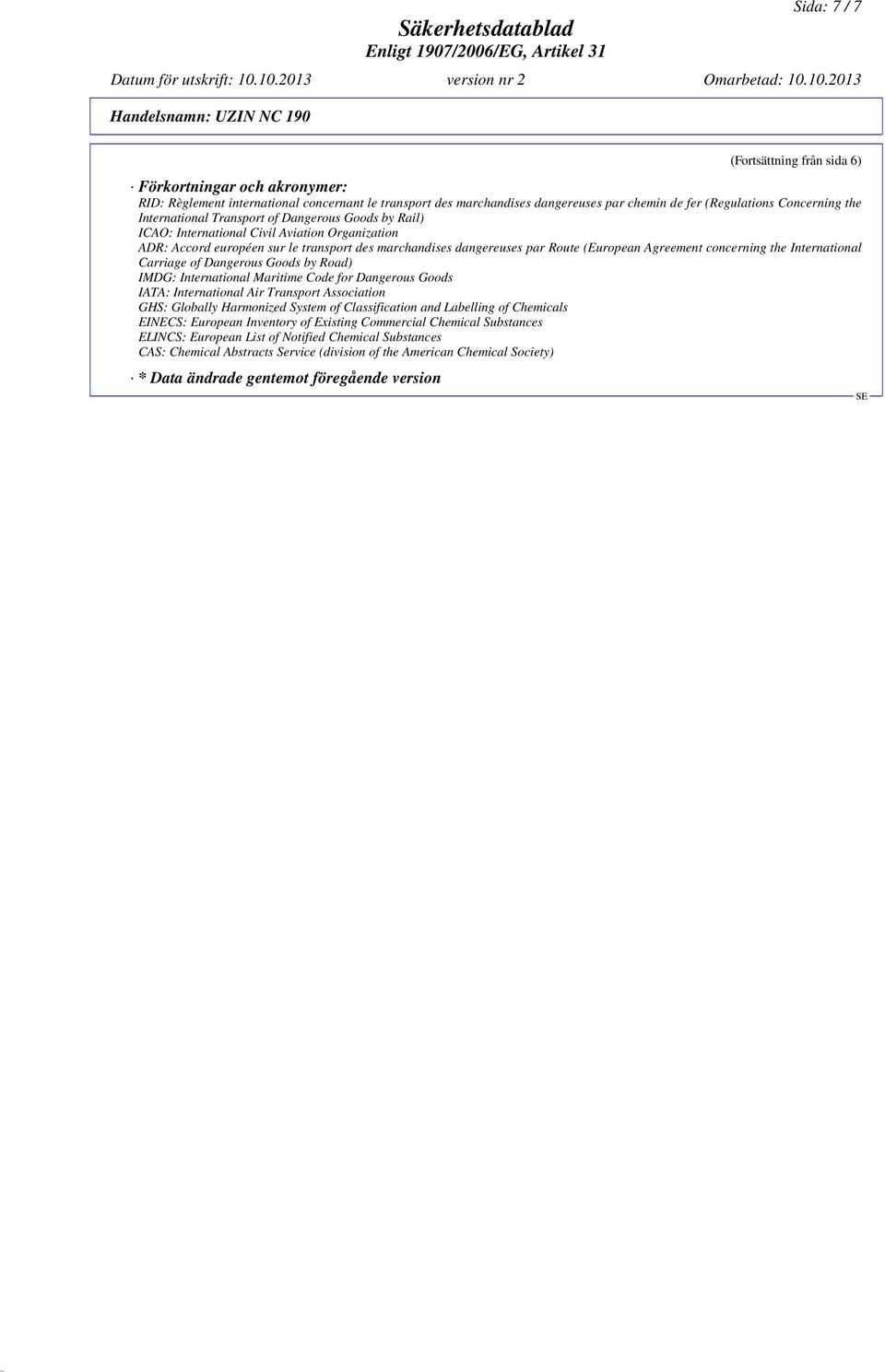 concerning the International Carriage of Dangerous Goods by Road) IMDG: International Maritime Code for Dangerous Goods IATA: International Air Transport Association GHS: Globally Harmonized System