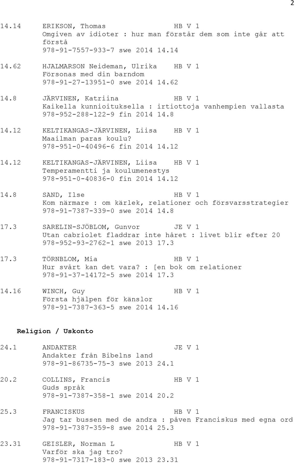 8 JÄRVINEN, Katriina HB V 1 Kaikella kunnioituksella : irtiottoja vanhempien vallasta 978-952-288-122-9 fin 2014 14.8 14.12 KELTIKANGAS-JÄRVINEN, Liisa HB V 1 Maailman paras koulu?