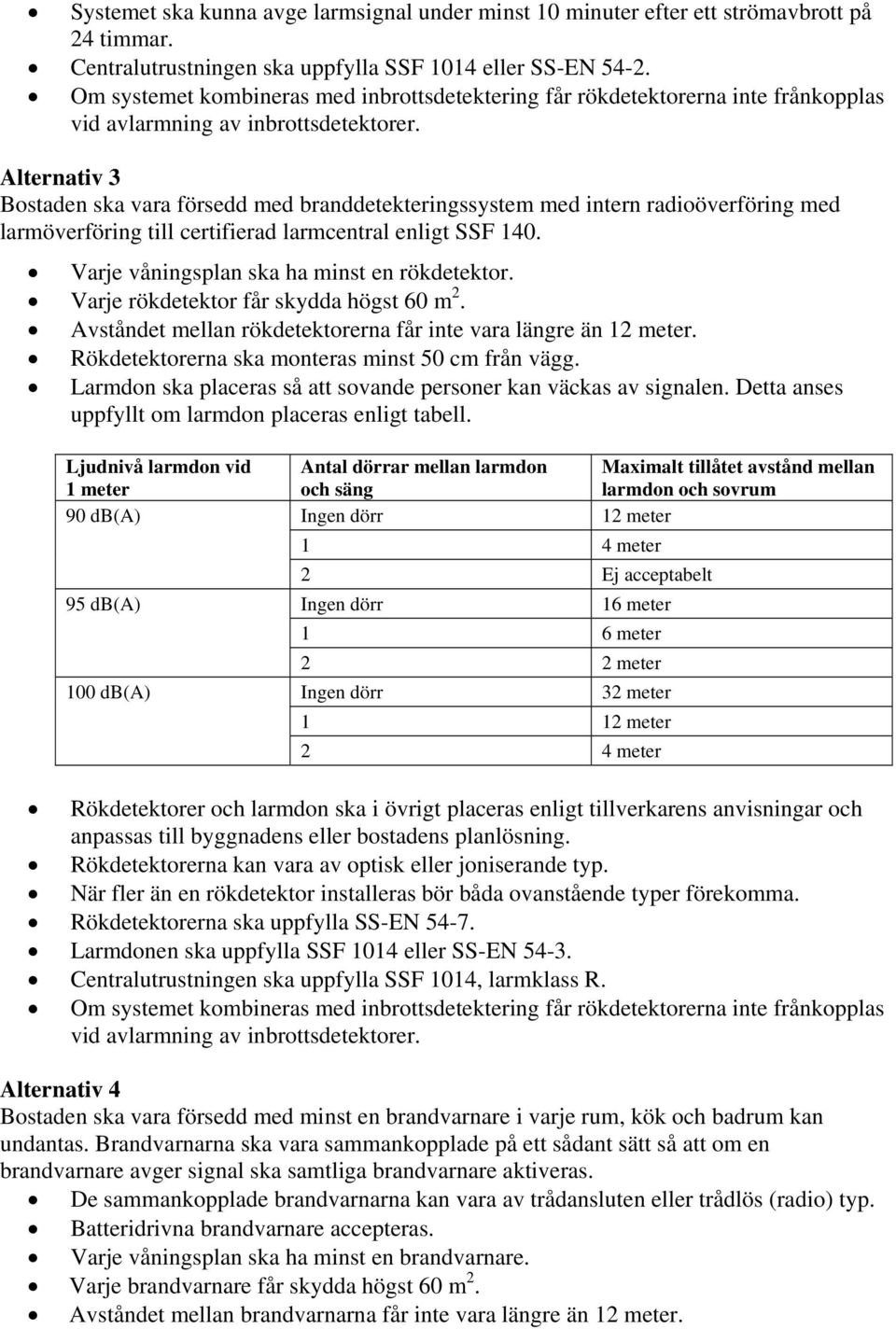 Alternativ 3 Bostaden ska vara försedd med branddetekteringssystem med intern radioöverföring med larmöverföring till certifierad larmcentral enligt SSF 140.