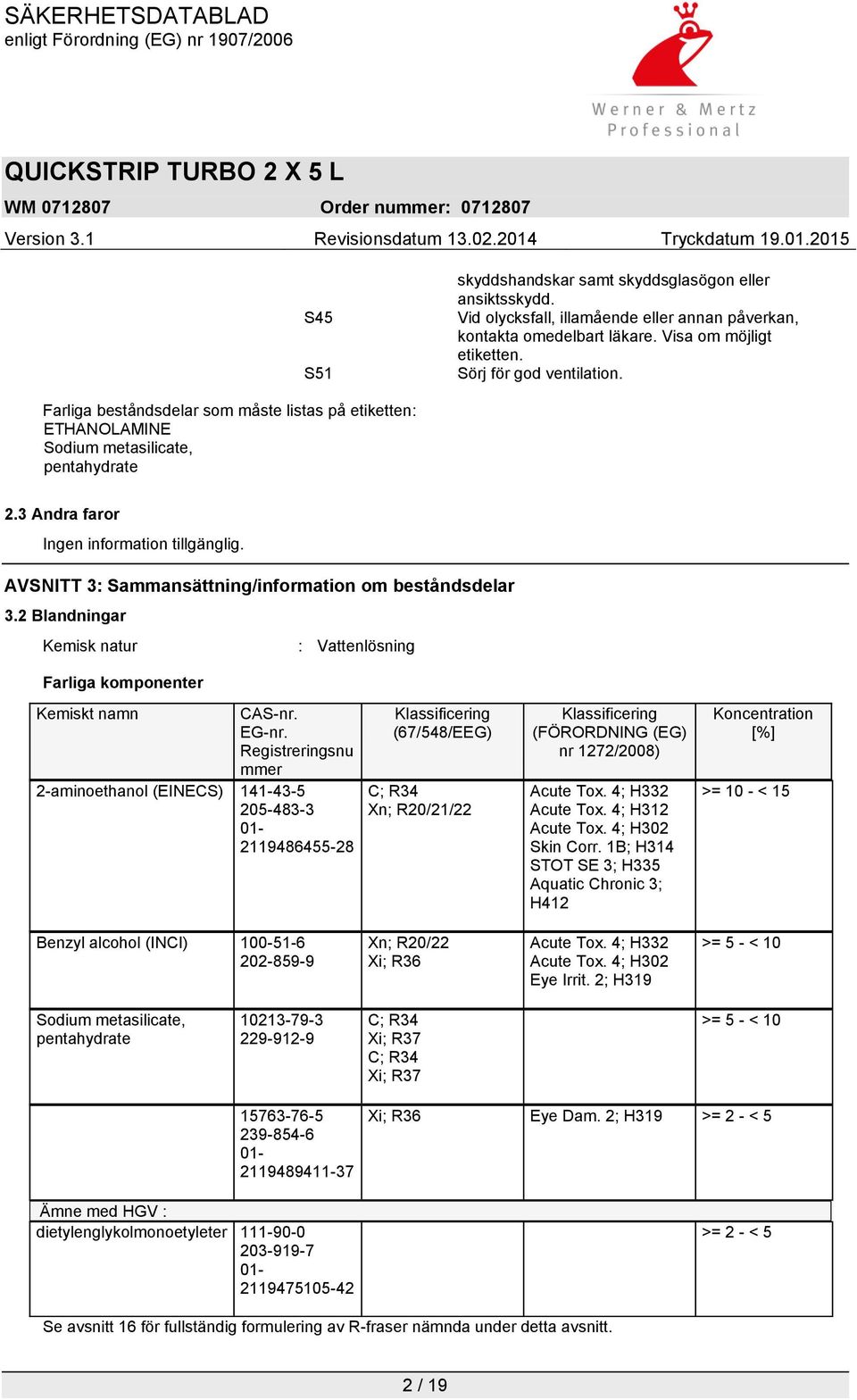 AVSNITT 3: Sammansättning/information om beståndsdelar 3.2 Blandningar Kemisk natur Farliga komponenter : Vattenlösning Kemiskt namn CAS-nr. EG-nr.