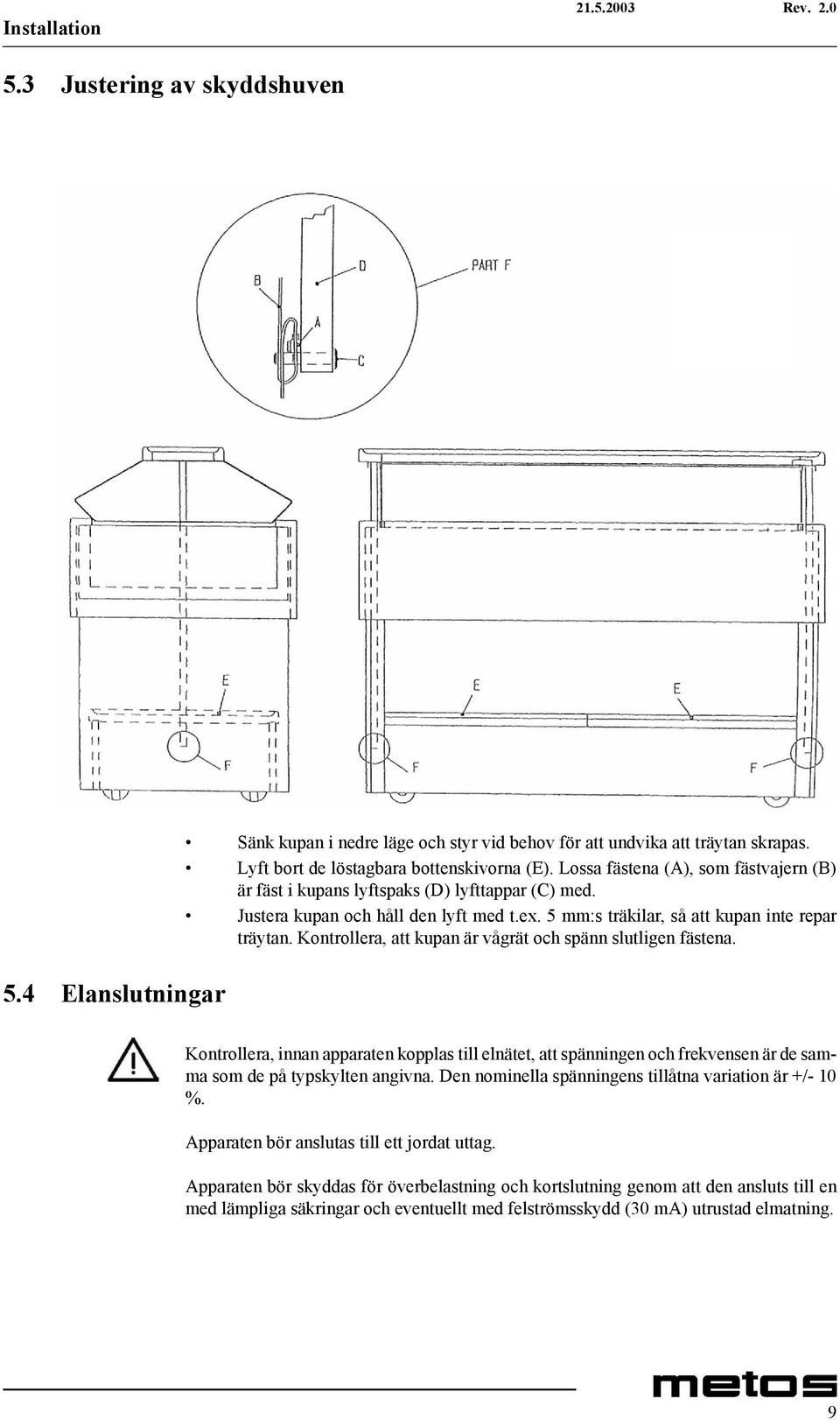 Kontrollera, att kupan är vågrät och spänn slutligen fästena. Kontrollera, innan apparaten kopplas till elnätet, att spänningen och frekvensen är de samma som de på typskylten angivna.