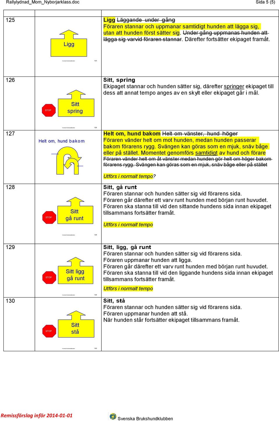 125 126, spring Ekipaget stannar och hunden sätter sig, därefter springer ekipaget till dess att annat tempo anges av en skylt eller ekipaget går i mål.