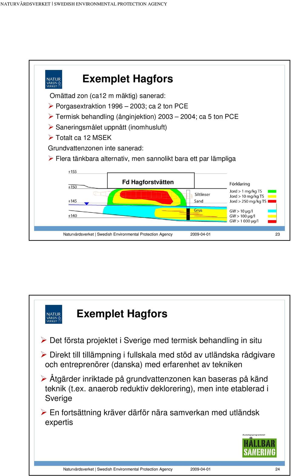 projektet i Sverige med termisk behandling in situ Direkt till tillämpning i fullskala med stöd av utländska rådgivare och entreprenörer (danska) med erfarenhet av tekniken Åtgärder
