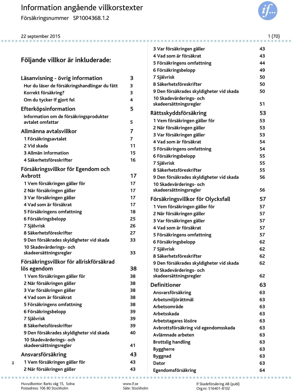 Säkerhetsföreskrifter 16 Försäkringsvillkor för Egendom och Avbrott 17 1 Vem försäkringen gäller för 17 2 När försäkringen gäller 17 3 Var försäkringen gäller 17 4 Vad som är försäkrat 17 5