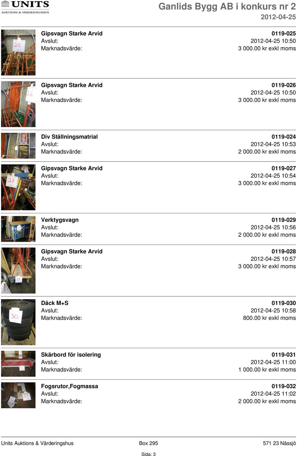 00 kr exkl moms Verktygsvagn 0119-029 Avslut: 10:56 Gipsvagn Starke Arvid 0119-028 Avslut: 10:57 3 000.