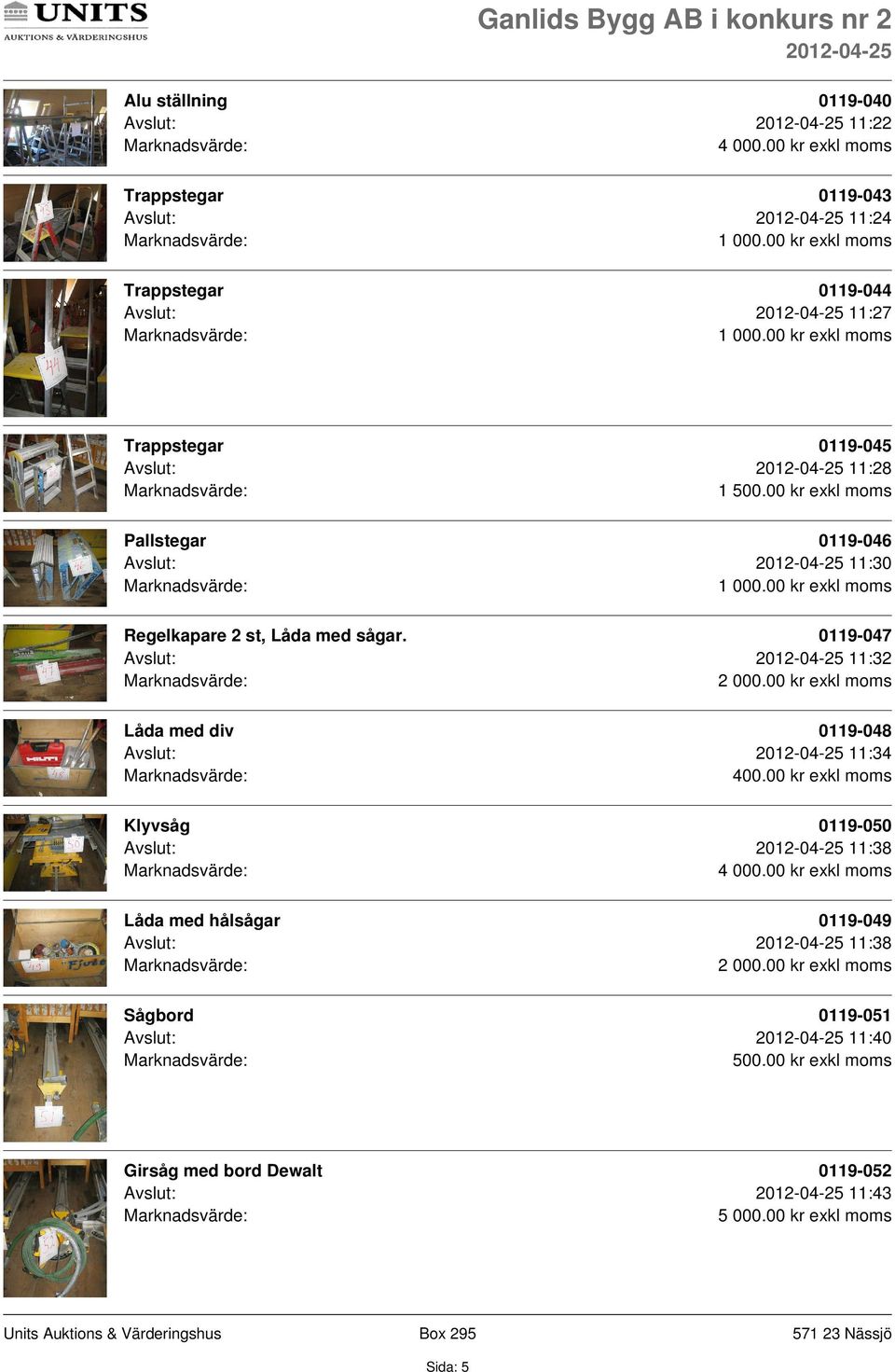 Pallstegar 0119-046 Avslut: 11:30 Regelkapare 2 st, Låda med sågar.