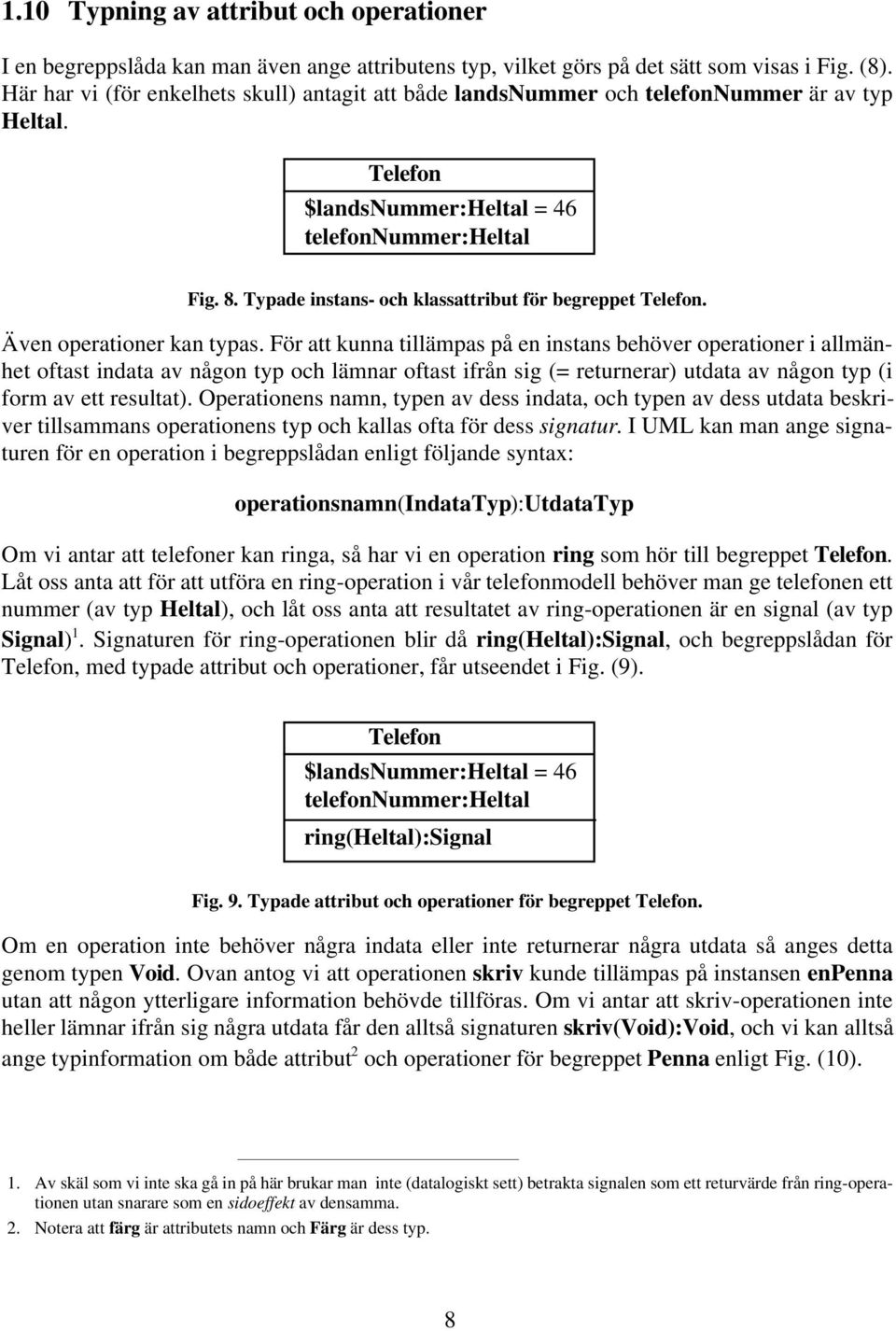 Typade instans- och klassattribut för begreppet Telefon. Även operationer kan typas.