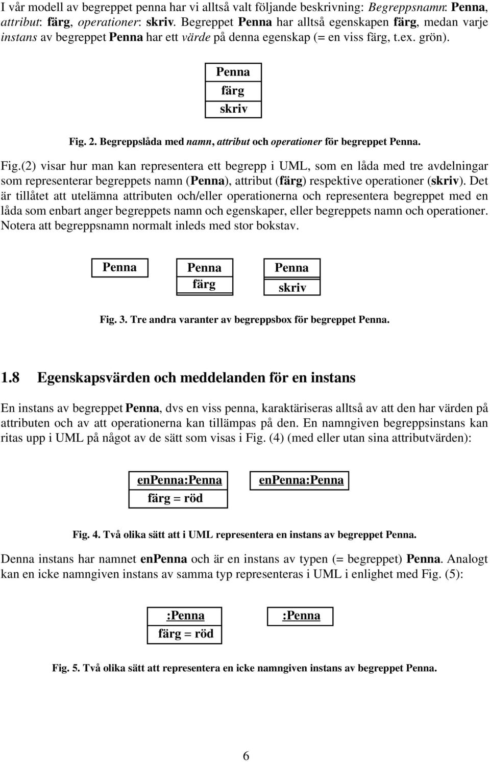 Begreppslåda med namn, attribut och operationer för begreppet Penna. Fig.