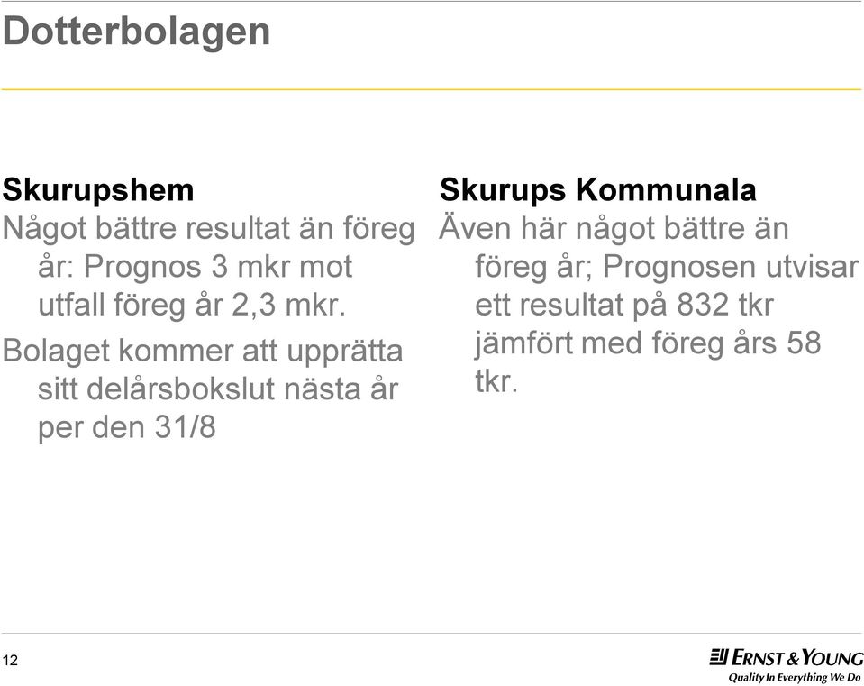 Bolaget kommer att upprätta sitt delårsbokslut nästa år per den 31/8