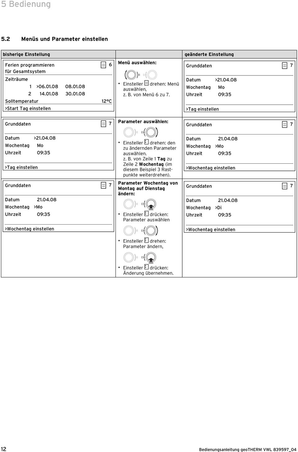 Parameter auswählen: geänderte Einstellung Grunddaten 7 Datum >21.04.08 Wochentag Mo Uhrzeit 09:35 >Tag einstellen Grunddaten 7 Datum >21.04.08 Wochentag Mo Uhrzeit 09:35 >Tag einstellen Grunddaten 7 Datum 21.