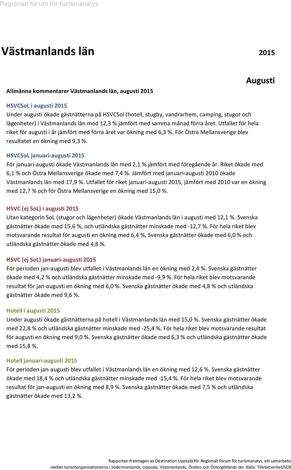 HSVCSoL januari-augusti 215 För januari-augusti ökade med 2,1 % jämfört med föregående år. Riket ökade med 6,1 % och Östra Mellansverige ökade med 7,4 %.