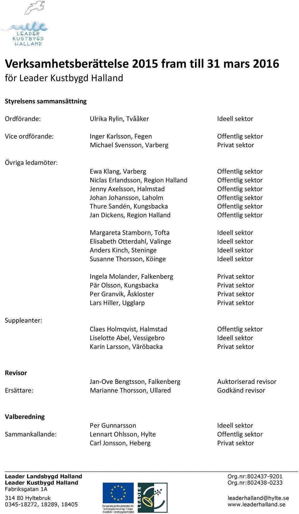Elisabeth Otterdahl, Valinge Anders Kinch, Steninge Susanne Thorsson, Köinge Ingela Molander, Falkenberg Pär Olsson, Kungsbacka Per Granvik, Åskloster Lars Hiller, Ugglarp Claes Holmqvist, Halmstad