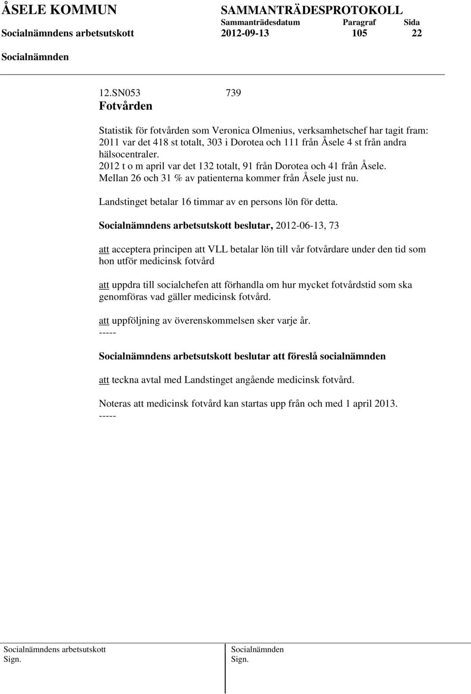 2012 t o m april var det 132 totalt, 91 från Dorotea och 41 från Åsele. Mellan 26 och 31 % av patienterna kommer från Åsele just nu. Landstinget betalar 16 timmar av en persons lön för detta.