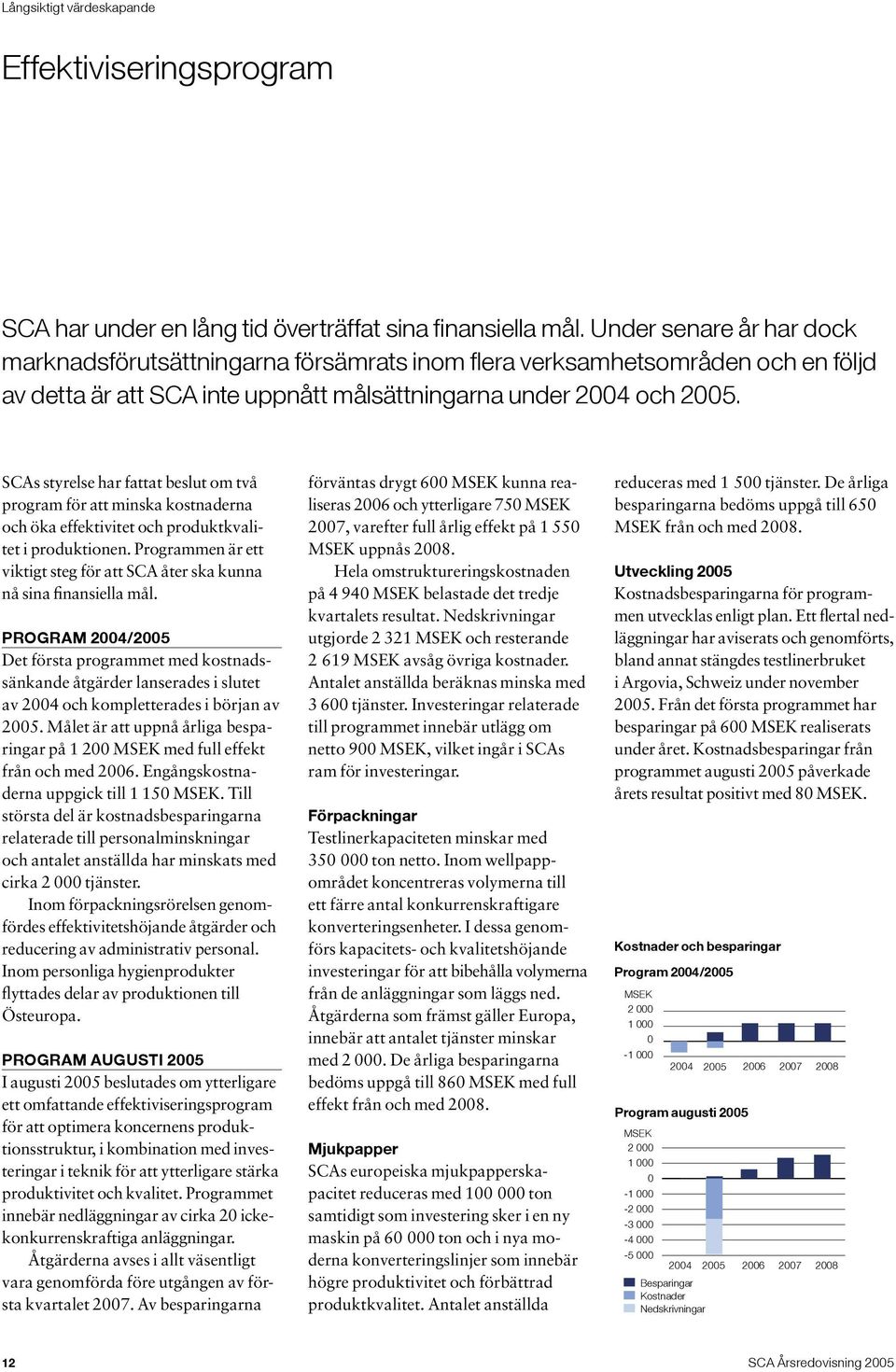 SCAs styrelse har fattat beslut om två program för att minska kostnaderna och öka effektivitet och produktkvalitet i produktionen.