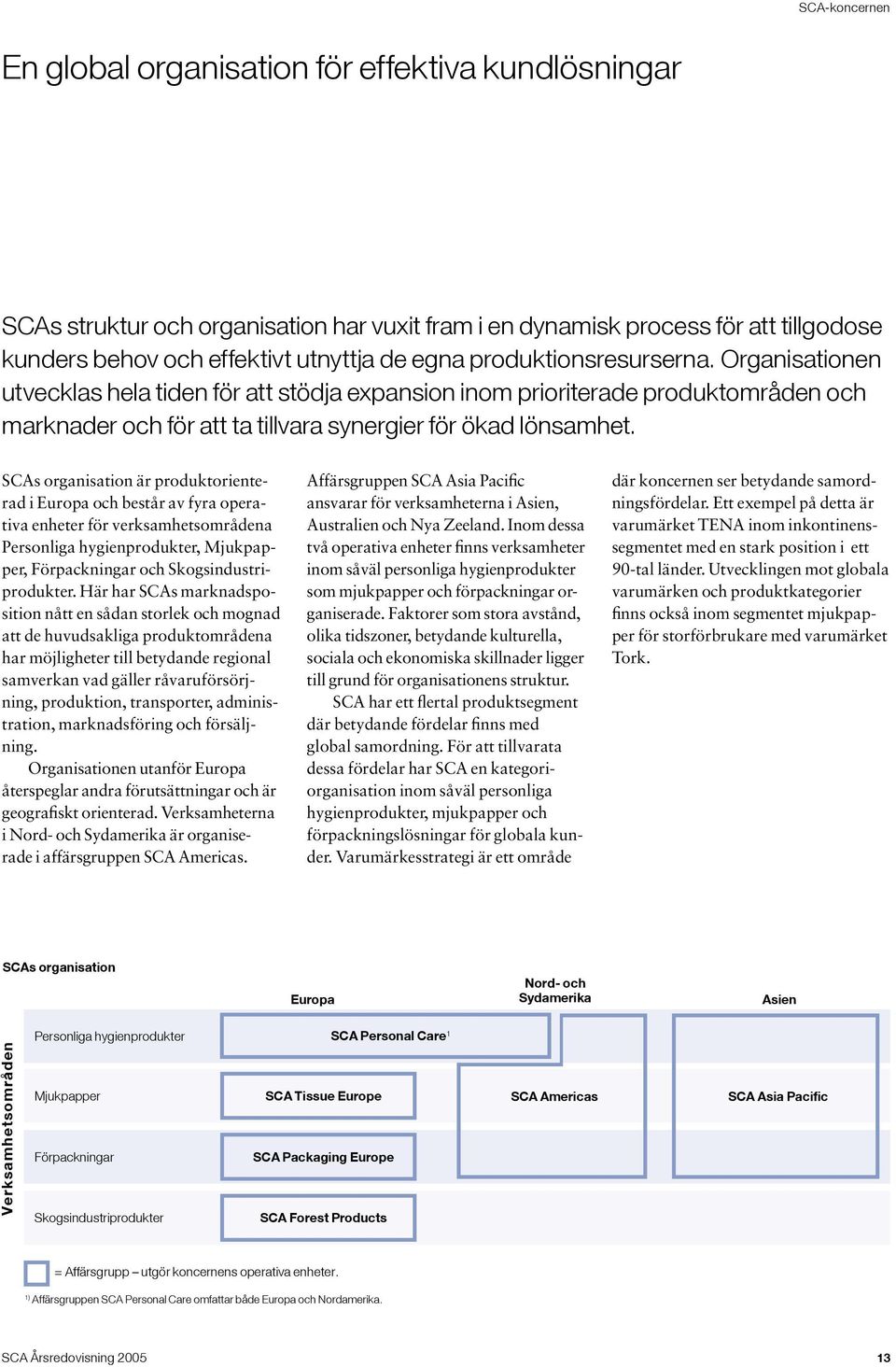 SCAs organisation är produktorienterad i Europa och består av fyra operativa enheter för verksamhetsområdena Personliga hygienprodukter, Mjukpapper, Förpackningar och Skogsindustriprodukter.