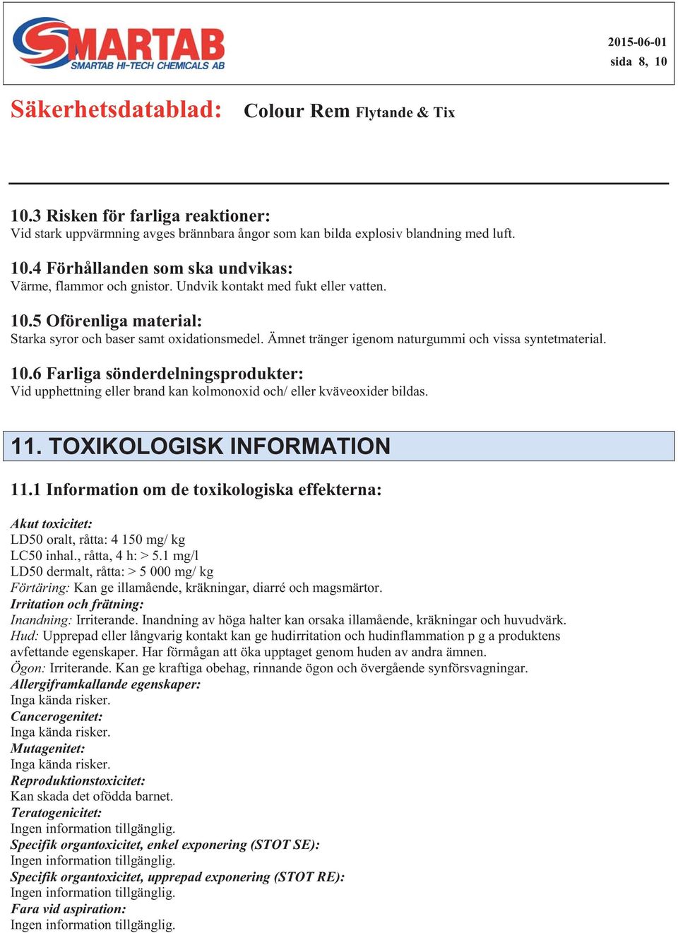 , råtta, 4 h: > 5.1 mg/l LD50 dermalt, råtta: > 5 000 mg/ kg Förtäring: Kan ge illamående, kräkningar, diarré och magsmärtor. Irritation och frätning: Inandning: Irriterande.