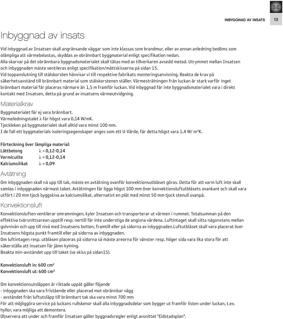 Utrymmet mellan Insatsen och inbyggnaden måste ventileras enligt specifikation/måttskisserna på sidan 15.