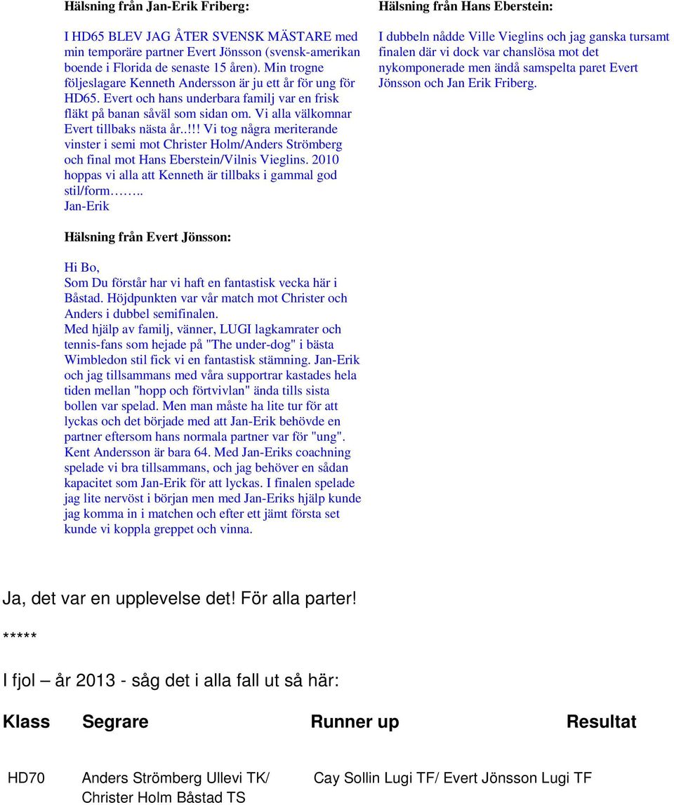 .!!! Vi tog några meriterande vinster i semi mot Christer Holm/Anders Strömberg och final mot Hans Eberstein/Vilnis Vieglins. 2010 hoppas vi alla att Kenneth är tillbaks i gammal god stil/form.