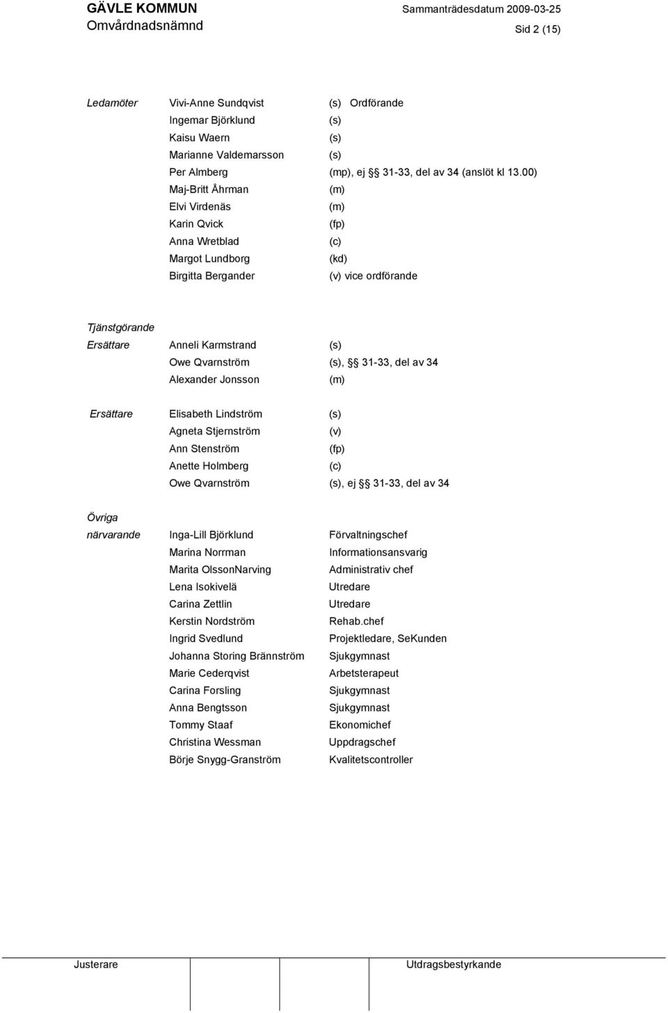 (s), 31-33, del av 34 Alexander Jonsson (m) Ersättare Elisabeth Lindström (s) Agneta Stjernström (v) Ann Stenström (fp) Anette Holmberg (c) Owe Qvarnström (s), ej 31-33, del av 34 Övriga närvarande