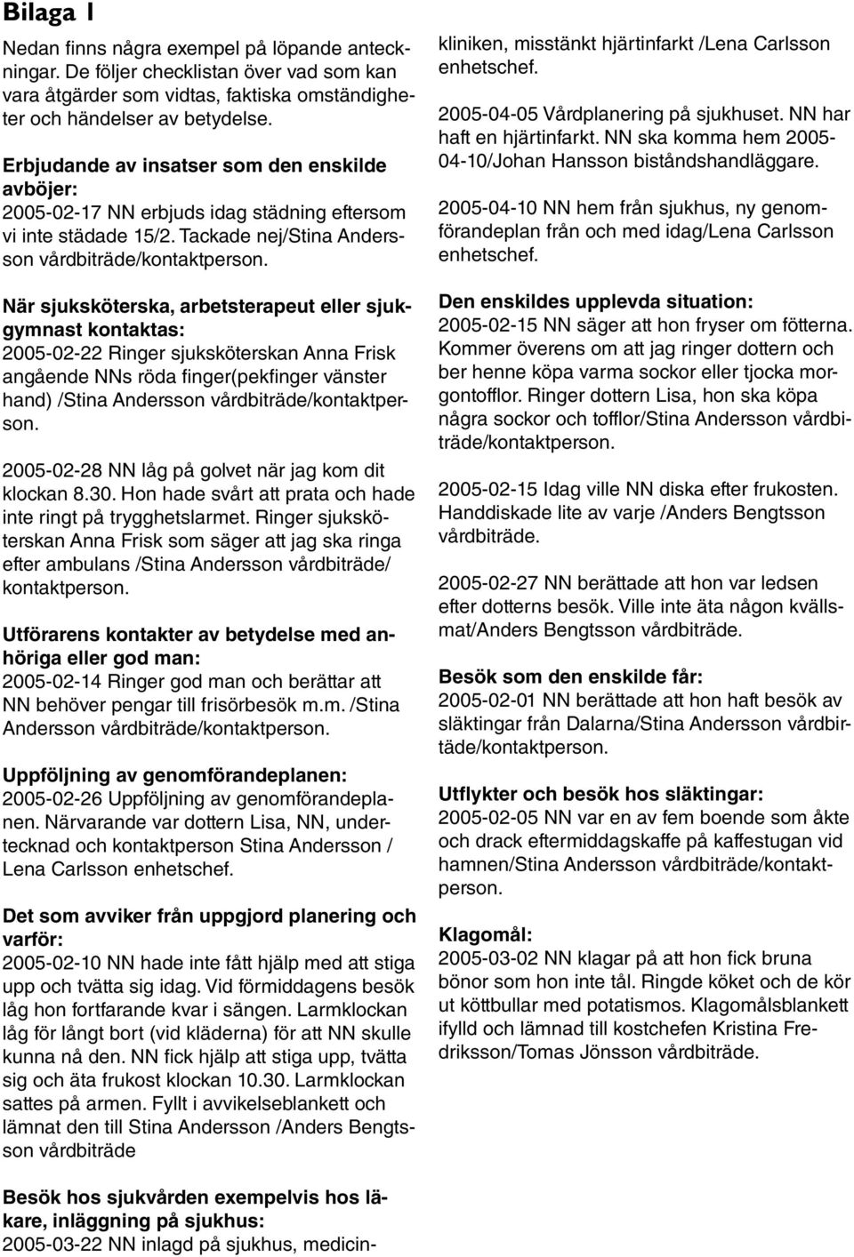 När sjuksköterska, arbetsterapeut eller sjukgymnast kontaktas: 2005-02-22 Ringer sjuksköterskan Anna Frisk angående NNs röda finger(pekfinger vänster hand) /Stina Andersson vårdbiträde/kontaktperson.