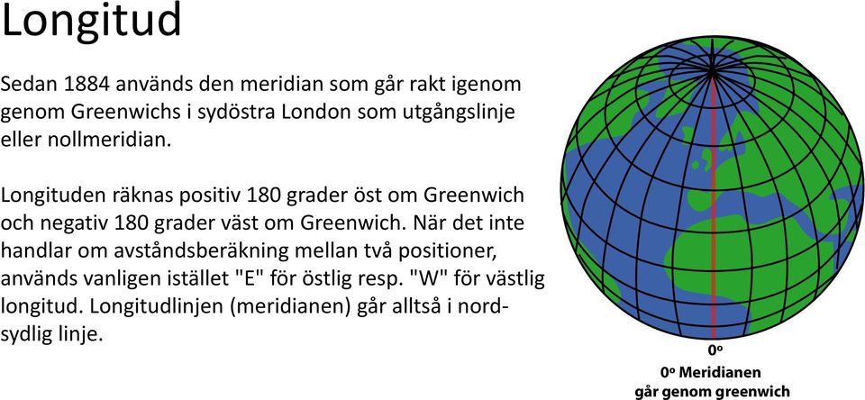När det inte handlar om avståndsberäkning mellan två positioner, används vanligen istället "E" för östlig resp.