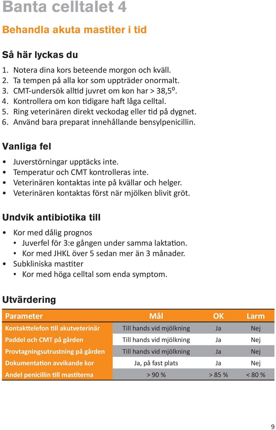 Veterinären kontaktas inte på kvällar och helger. Veterinären kontaktas först när mjölken blivit gröt. Undvik antibiotika till Kor med dålig prognos Juverfel för 3:e gången under samma laktation.