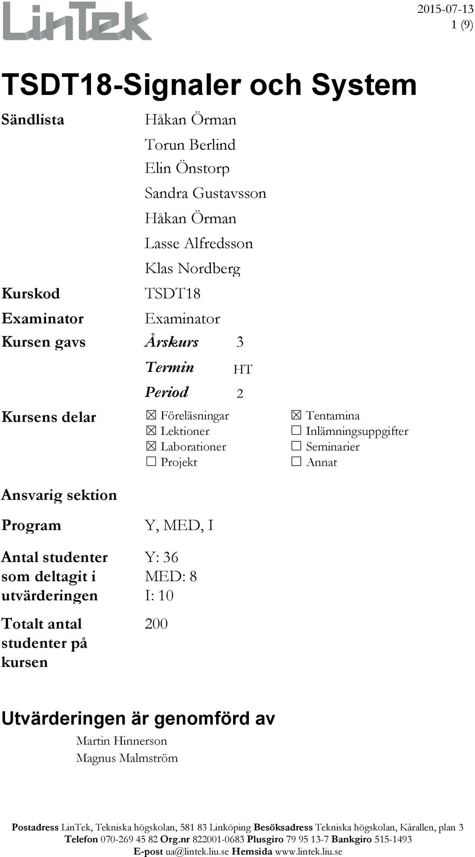 Laborationer Projekt HT2 Tentamina Inlämningsuppgifter Seminarier Annat Ansvarig sektion Program Antal studenter som deltagit i