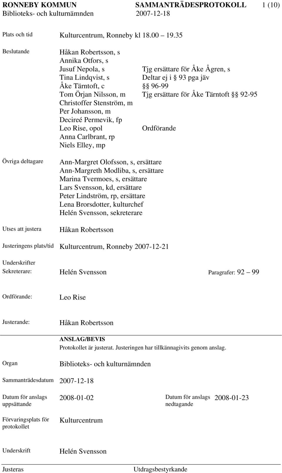 Örjan Nilsson, m Tjg ersättare för Åke Tärntoft 92-95 Christoffer Stenström, m Per Johansson, m Decireé Permevik, fp Leo Rise, opol Ordförande Anna Carlbrant, rp Niels Elley, mp Ann-Margret Olofsson,