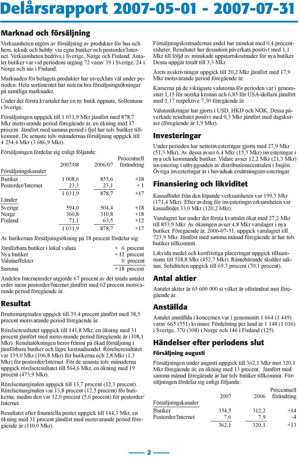 Marknaden för bolagets produkter har utvecklats väl under perioden. Hela sortimentet har noterat bra försäljningsökningar på samtliga marknader.