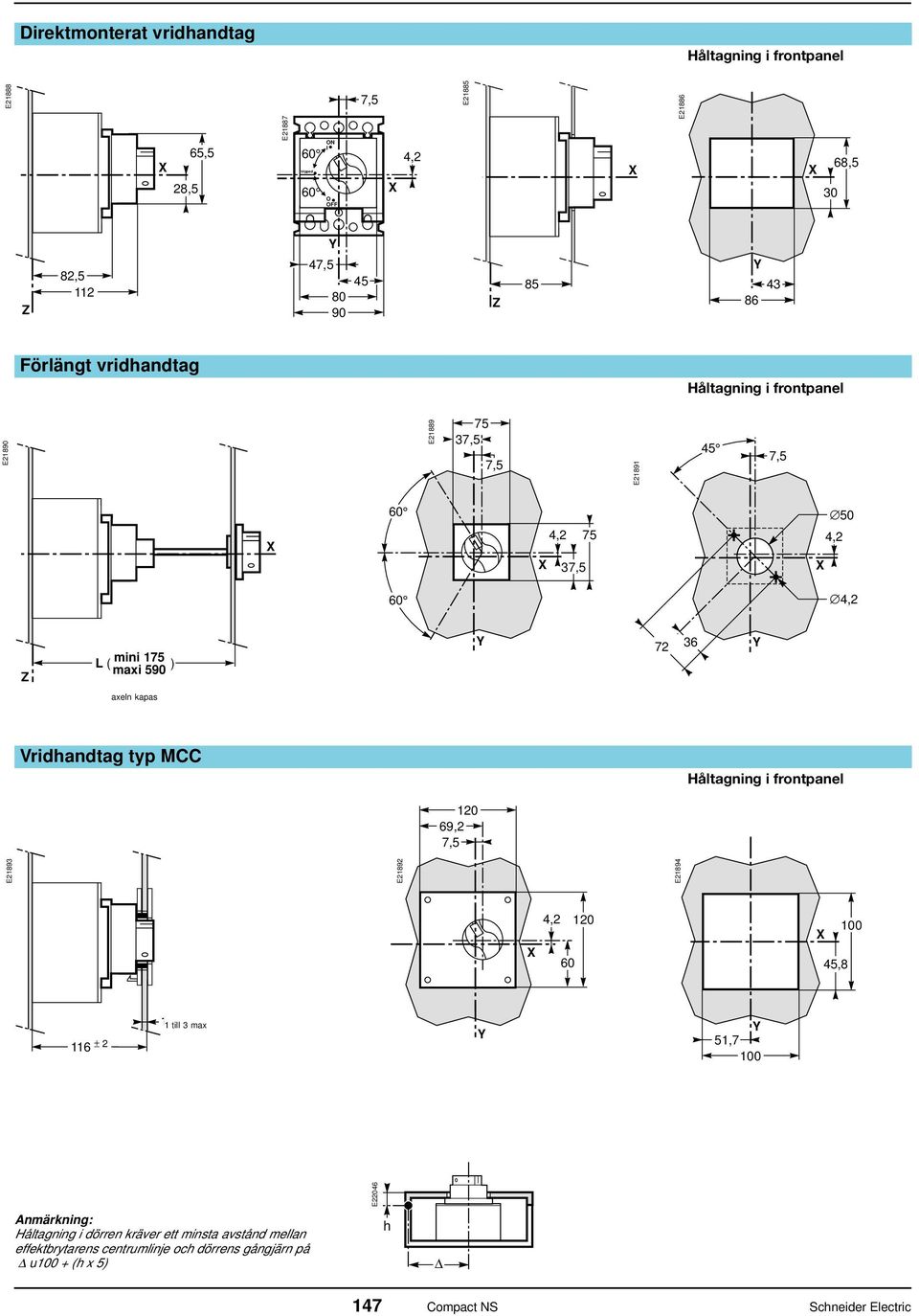 kapas longueur de l'axe = L _ 109 Vridhandtag typ MCC Håltagning i frontpanel 120 69,2 7,5 E21893 E21892 E21894 4,2 60 120 45,8 100 116 ± 2 1 à 3 maxi 1 till