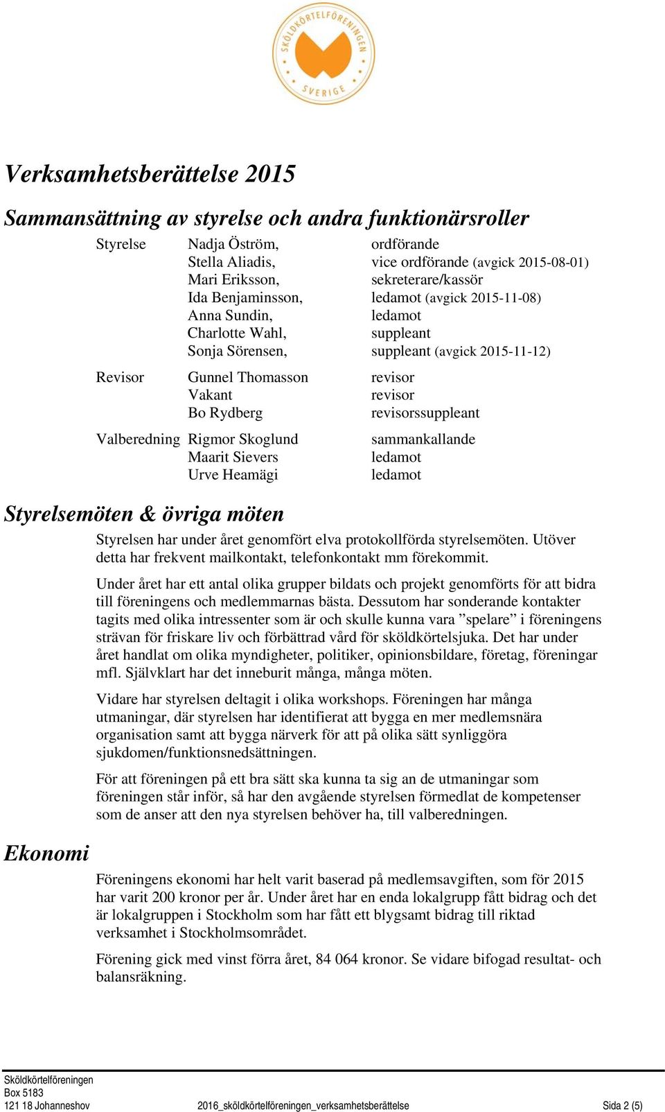 Rydberg revisorssuppleant Valberedning Rigmor Skoglund sammankallande Maarit Sievers Urve Heamägi Styrelsemöten & övriga möten Styrelsen har under året genomfört elva protokollförda styrelsemöten.