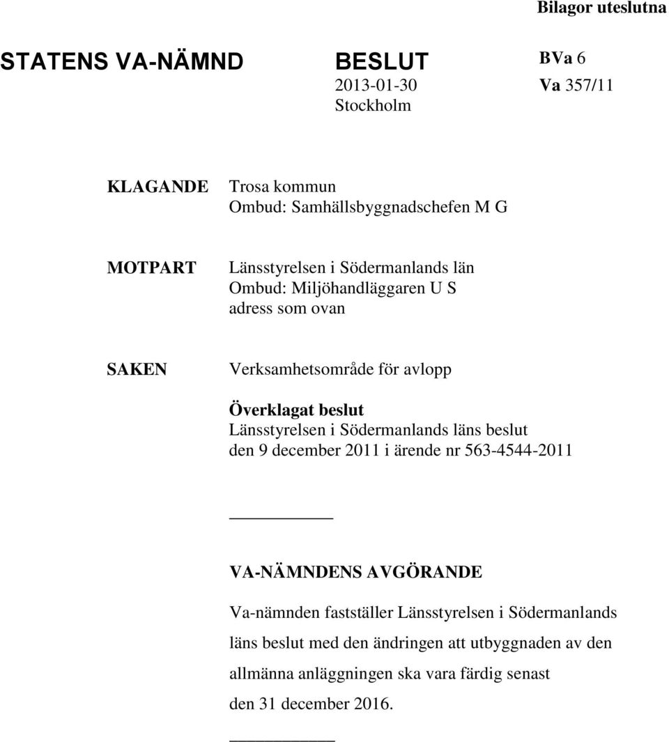 Länsstyrelsen i Södermanlands läns beslut den 9 december 2011 i ärende nr 563-4544-2011 VA-NÄMNDENS AVGÖRANDE Va-nämnden fastställer