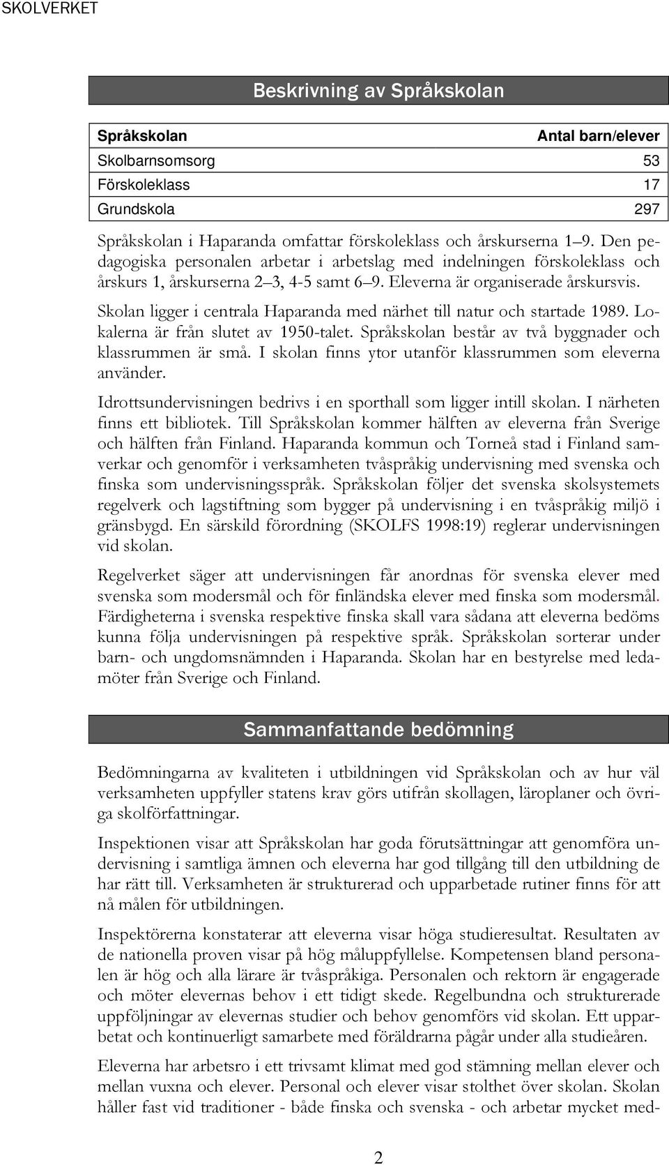 Skolan ligger i centrala Haparanda med närhet till natur och startade 1989. Lokalerna är från slutet av 1950-talet. Språkskolan består av två byggnader och klassrummen är små.