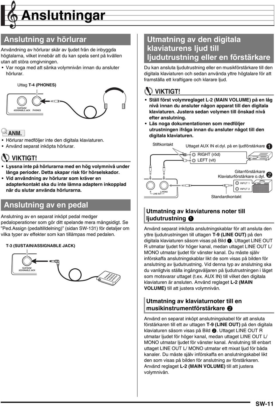 Uttag T-4 (PHONES) Utmatning av den digitala klaviaturens ljud till ljudutrustning eller en förstärkare Du kan ansluta ljudutrustning eller en musikförstärkare till den digitala klaviaturen och sedan