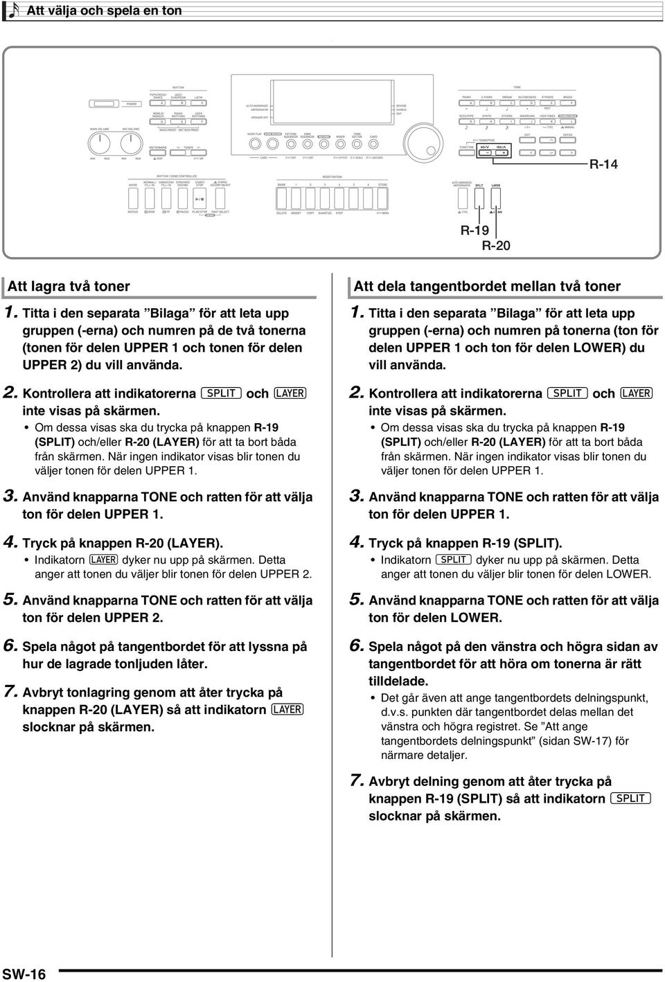 du vill använda. 2. Kontrollera att indikatorerna @ och A inte visas på skärmen. Om dessa visas ska du trycka på knappen R-19 (SPLIT) och/eller R-20 (LAYER) för att ta bort båda från skärmen.
