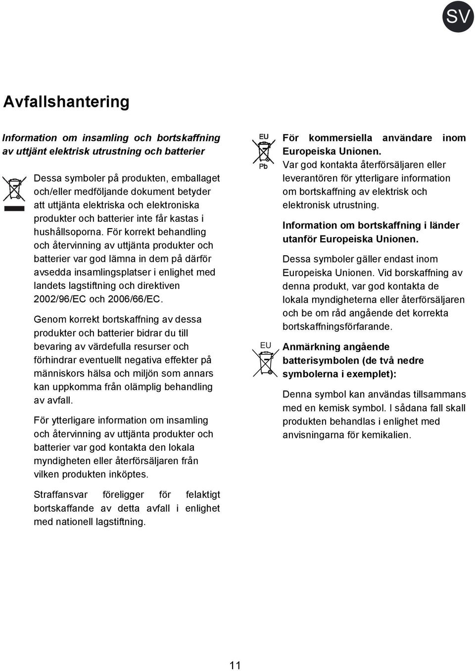För korrekt behandling och återvinning av uttjänta produkter och batterier var god lämna in dem på därför avsedda insamlingsplatser i enlighet med landets lagstiftning och direktiven 2002/96/EC och