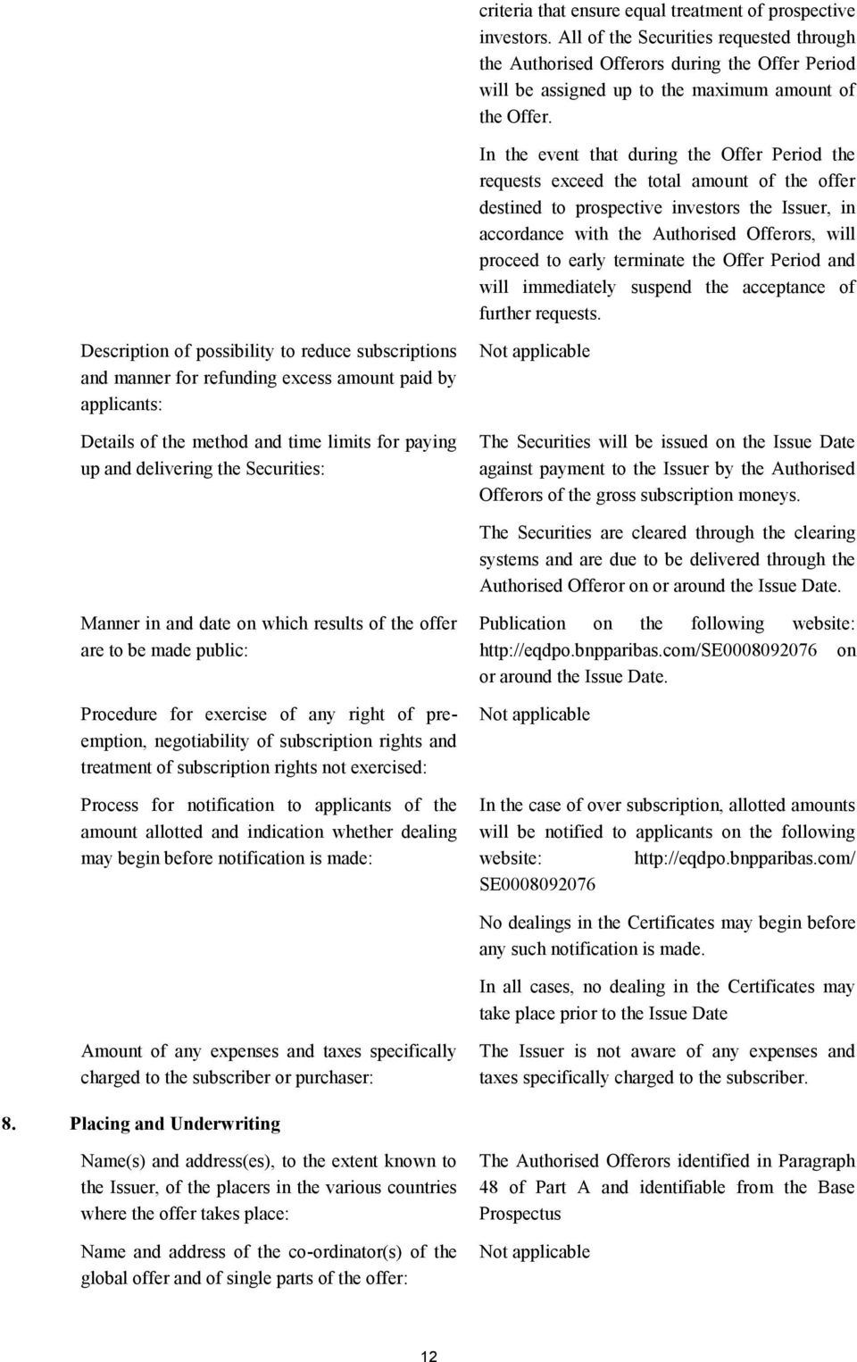 In the event that during the Offer Period the requests exceed the total amount of the offer destined to prospective investors the Issuer, in accordance with the Authorised Offerors, will proceed to