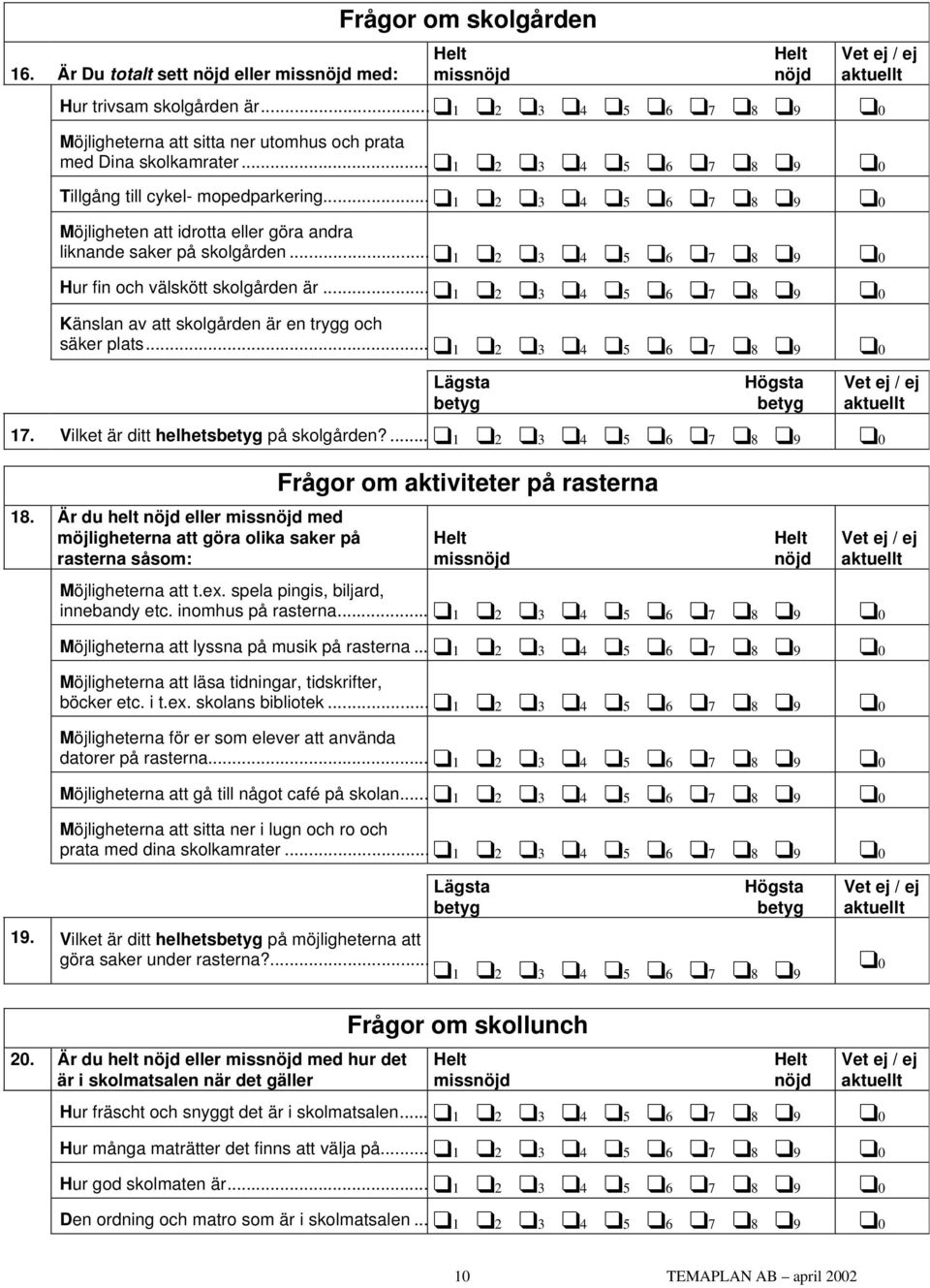 Vilket är ditt helhets på skolgården?... 18. Är du eller miss med möjligheterna att göra olika saker på rasterna såsom: Frågor om aktiviteter på rasterna miss Möjligheterna att t.ex.